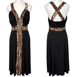 NEW! Leopard Print Babydoll Cross Back Black Stretch Dress Size 10